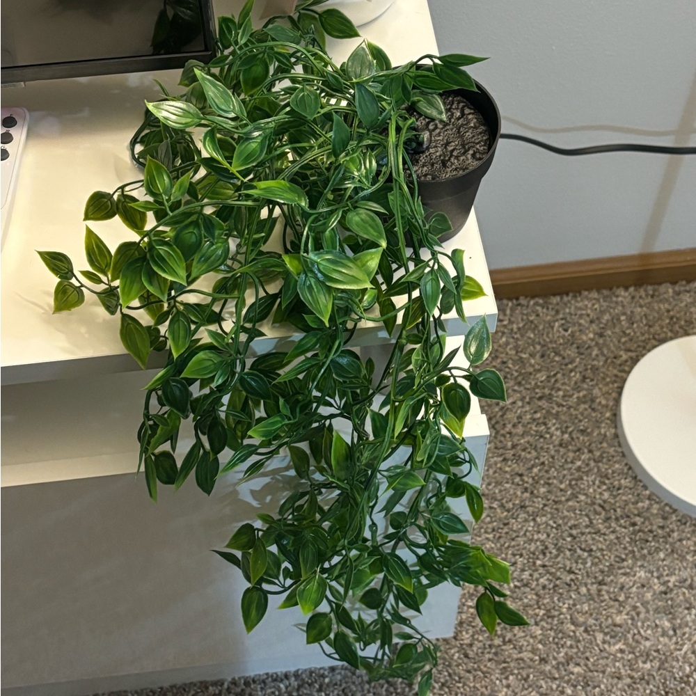 Fake hanging plant leaves in black pot